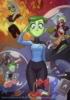 a painting of an alien girl surrounded by other cartoon characters