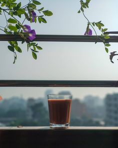 a cup of coffee sitting on top of a window sill next to a plant