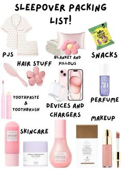 Sleepover What To Pack, Things To Pack For A Sleepover List, Stuff To Pack For A Sleepover, Sleepover Essentials Packing Lists, Stuff To Bring To A Sleepover, Pack For Sleepover, Things To Pack For A Sleepover, Preppy Packing List, Sleepover Must Haves