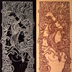 two paper cutting designs, one with a woman's face