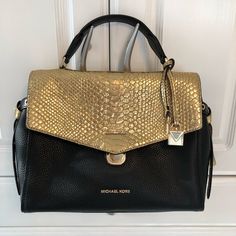 MICHAEL Michael Kors Bags | Nwt Michael Kors Bristol Satchel Handbag | Poshmark Satchel Handbag, Satchel Handbags, Louis Vuitton Speedy Bag, Michael Kors Black, Leather Satchel, Metallic Gold, Michael Kors Bag, Bristol, Zipper Pocket