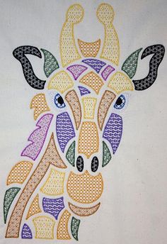 an embroidered giraffe is shown in multi - colored patterns on a white background