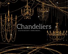 chandeliers are hanging from the ceiling in gold and black with sparkles on them