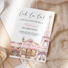 a pink and white birthday card with the eiffel tower in paris on it