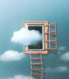 an image of a ladder leading up to a window in the sky with a cloud