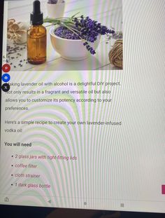 a computer screen with an image of lavender flowers and essential oils on it, as well as instructions for how to use them