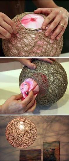 three pictures showing how to make a light fixture with yarn and flowers on the bottom