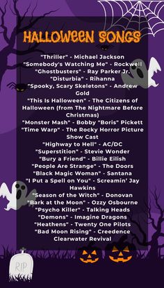 the halloween song list is displayed in front of a purple background with black and white pumpkins