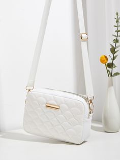 White Elegant Collar  PU Quilted Square Bag Embellished   Women Bags White Sling Bag, Embroidered Shoulder Bag, Hand Bags For Women, Bags For Teens, Girly Bags, Top Handbags, Cute Handbags, White Purses, Lv Handbags