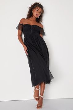 You'll be the toast of the town in a gorgeous gown like the Lulus Regal Radiance Black Tulle Bustier Midi Dress! This elegant dress boasts a Swiss dot-covered mesh overlay atop a matching stretch knit liner, shaping a bustier-style bodice with decorative hook and eye closures at the front, framed by fluttery sleeves that can be worn on or off the shoulder. Fitted waist continues into a full skirt (with a layer of hidden tulle for volume) that ends at a midi hem. Hidden zipper/clasp at back. Fit: This garment fits true to size. Length: Mid-calf length. Size medium measures 41.5" from top to bottom. Bust: Great for any cup size. Waist: Fitted - very fitted at natural waist. Hip: Not Fitted - fuller skirt allows room for hips. Undergarments: May be worn with a strapless bra, adhesive bra, pet Aliexpress Dresses, Bustier Midi Dress, Blue Flower Dress, White Floral Midi Dress, Mesh Overlay Dress, Lulu Fashion, Black Tulle, Overlay Dress, Mesh Overlay