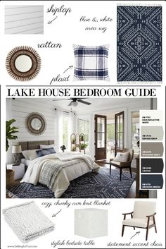 the lake house bedroom guide is shown in blue and white