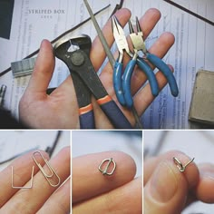 four pictures showing different types of scissors and other things that are being used to make earrings