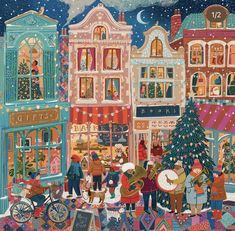 a painting of people in front of a christmas tree and storefront with lights on