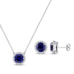 This exquisite gift set is styled in sterling silver and features a matching necklace and pair of earrings. A vibrant round-cut blue lab-created sapphire adorns each piece, haloed by sparkling round-cut white lab-created sapphires. The pendant suspends from an 18-inch cable chain and the earrings secure with friction backs. Formal Jewelry With Lab-created Sapphire Birthstone, Formal Birthstone Jewelry With Lab-created Sapphire, Formal Jewelry With Halo Design And Lab-created Sapphire, Elegant Blue Sterling Silver Jewelry Sets, Formal Blue Lab-created Sapphire Jewelry, Classic Blue Halo Jewelry, Elegant Blue Halo Jewelry, Blue Fine Jewelry Sets For Formal Occasions, Round Lab-created Sapphire Halo Jewelry