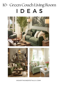 A collage of three stylish living rooms featuring green couches, with tropical and rustic decor accents, showcasing various ways to incorporate a green sofa into your living space for a trendy and relaxing ambience. Pottery Barn Green Sofa, Deep Green Couch Living Room, Green Leather Couch Living Room Ideas, Pillows For Green Sofa, Living Room Ideas With Green Sofa, Green Couch Pillows Ideas, Green Sofa Styling, Olive Green Sofa Decor, Living Room Decor Green Sofa