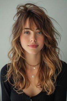 Achieve whimsical elegance with flowy, long curtain bangs that turn straight hair into a fairy tale dream. Natural Wavy Medium Length Hair, Shaggy Hair Ondulado, Hair Styles Ponytails, Brown Hair Fair Skin, Hair Curtain, Mom Hair, Haircut 2024, 2023 Hair