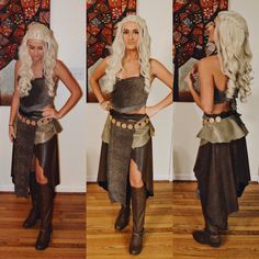 two pictures of a woman dressed up as daeneria from game of thrones