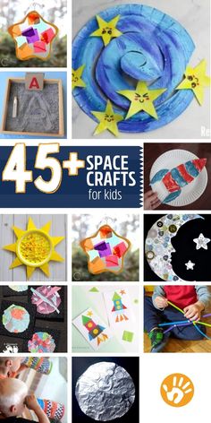 the cover of 45 space crafts for kids with pictures of stars and moon on them