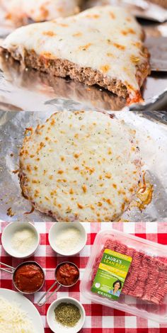 some food is laying out on a red and white checkered tablecloth with other foods