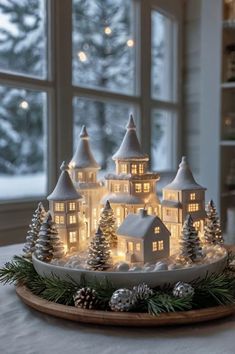 a lighted christmas village is displayed on a plate in front of a window with snow covered trees