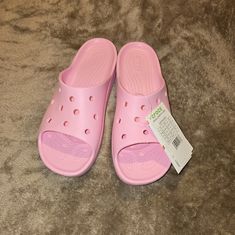 Crocs Classic Platform Slide Flamingo Pink Women Casual Sandal Slipper Pink Lightweight Open Toe Sandals, Pink Lightweight Sandals With Round Toe, Pink Slip-on Flip Flops, Lightweight Pink Sandals With Round Toe, Pink Casual Slip-on Flip Flops, Lightweight Pink Synthetic Sandals, Pink Slides For Beach In Spring, Pink Beach Slides For Spring, Spring Beach Slides In Pink