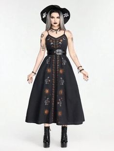 Free Returns ✓ Free Shipping✓. ROMWE Goth Dark Vintage Gothic Star & Moon Embroidered Women Cami A-Line Dress For Summer- Women Apparel at SHEIN. Cottagecore Goth Outfits, Goth Summer Dress, Lawyer Chic, Goth Librarian, Halloween Dress For Women, Witchy Dresses, Wyrd Sisters, 60s Vintage Fashion, Dark Vintage