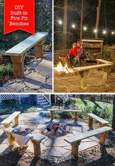 two pictures showing the same bench and fire pit in different stages of being lit up