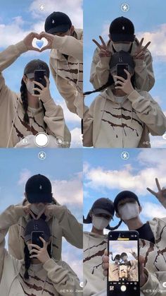 four different shots of a person taking a selfie with their cell phone in front of the camera