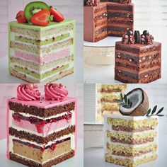 four different types of cakes with fruit on top