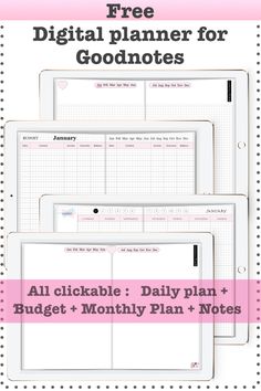 three planner pages with the text free digital planner for godmotes all clickable daily plan