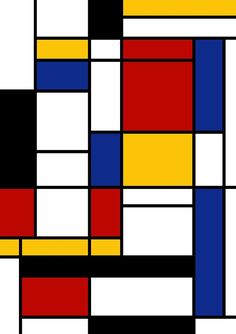 an abstract painting with squares and rectangles in red, yellow, blue, black, and white