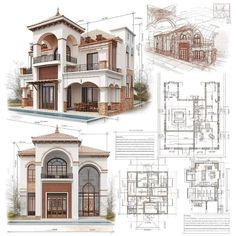 three different views of a house with plans and elevation details on the front, back and side