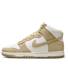 The Nike Dunk High 'Sand' is a classic two-tone sneaker with a white leather base, a light tan suede overlayer, Swoosh, laces, branding, and a rubber outsole. The white mesh tongue and midsole complete the design. This sneaker is perfect for everyday wear, as well as for activities such as sports and running. The inspiration behind the design is the classic Nike Dunk series, which has been around for decades. The 'Sand' colorway is a combination of Phantom, Limestone, and Sail, giving the sneaker a unique and timeless look. (SNKR/Skate/Men's/Light/Non-Slip/High Top) Discount Nikes, Nike Dunk High, High Sneakers, Dunk High, Nike Sb Dunks, Sb Dunk, Light Tan, Tan Suede, Suede Sneakers