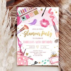 a pink and gold birthday party with makeup, lipstick, perfumes and other items