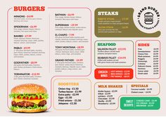 the menu for burgers is shown in red, green and yellow