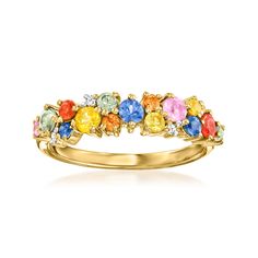 Ross-Simons - 1.10ct t. w. Multicolored Sapphire Ring, Diamond Accents Over Sterling. Size 5. Radiant with a rainbow of shimmering hues, this colorful cluster ring will enliven your look with 1.10 ct. t. w. round multicolored sapphires and icy diamond accents. Crafted in polished 18kt yellow gold over sterling silver. 3/16" wide. Multicolored sapphire ring. Fringed Belt, Colored Engagement Rings, Multi Sapphire, Ring With Diamond, Floral Shoes, Ring Diamond, Color Combo, Cluster Ring, Yellow Gold Rings