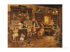 a painting of people sitting at a bar in front of a dog and two children