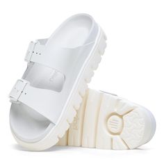 Arizona Chunky Leather White | BIRKENSTOCK White Birkenstocks, Birkenstock Styles, Versace Shop, Birkenstock Sandals, Calf Muscles, Sneaker Wedge, Personalized Accessories, Manolo Blahnik, Bridal Shoes