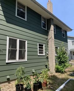 the house is painted green and has many potted plants