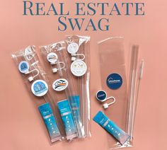 the contents of a real estate swag are laid out on a pink background with text that reads real estate swag