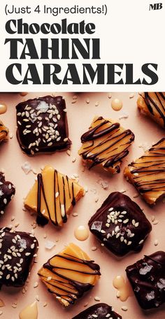 chocolate tahn caramels are arranged on top of each other