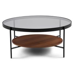 a table with a glass top and wooden bottom