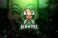 an image of a clown with the word scientist on it's face and green background