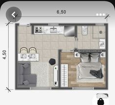 the floor plan for a small apartment with one bedroom and living room, which is divided into two separate rooms