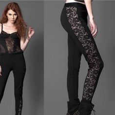 Widow Hi Waist Lace Side Pants Nwt S Bin 334 Gothic Stretch Bottoms For Night Out, Lace Trim Bottoms For Night Out, Lace Trim Long Bottoms For Night Out, Lace Trim Long Pants For Night Out, Gothic Fitted Full-length Bottoms, Fitted Full Length Gothic Bottoms, Black Lace Trim Pants For Party, Gothic High Waist Stretch Pants, Gothic Fitted Bottoms