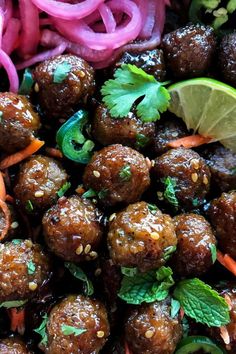 meatballs with carrots, onions and cilantro on a plate