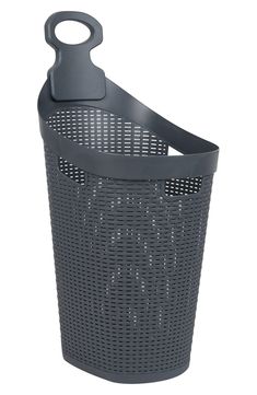 a grey trash can with a handle on it