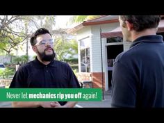 two men talking to each other in front of a house with the words never let mechanics try you off again