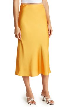 Renee C Solid Satin Midi Skirt | Nordstromrack Skirt Outfit For Work, Yellow Satin Skirt, Elegant Feminine Style, Skirt Inspiration, Midi Skirt Outfit, Yellow Satin, Elegant Feminine, Satin Midi Skirt, Satin Skirt