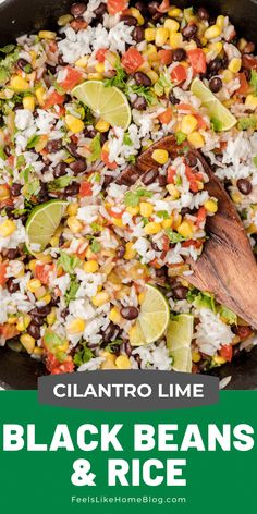 black beans and rice in a cast iron skillet with limes on the side